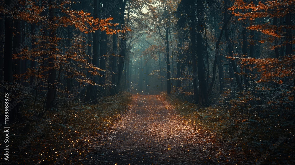 Obraz premium Enchanted Pathway Through Autumn Forest with Glowing Lights