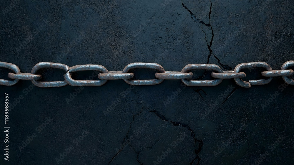 Rusty chain against cracked dark wall background, symbolizing burden or constraint; ideal for concepts of limitation, hardship, or oppression Rusty chain against cracked dark wall background, symbolizing burden or constraint; ideal for concepts of limitation, hardship, or oppression