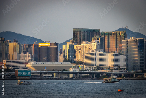 Photography skyline of hongkong, hong kong, china, boats, sunset, asia, kowloon