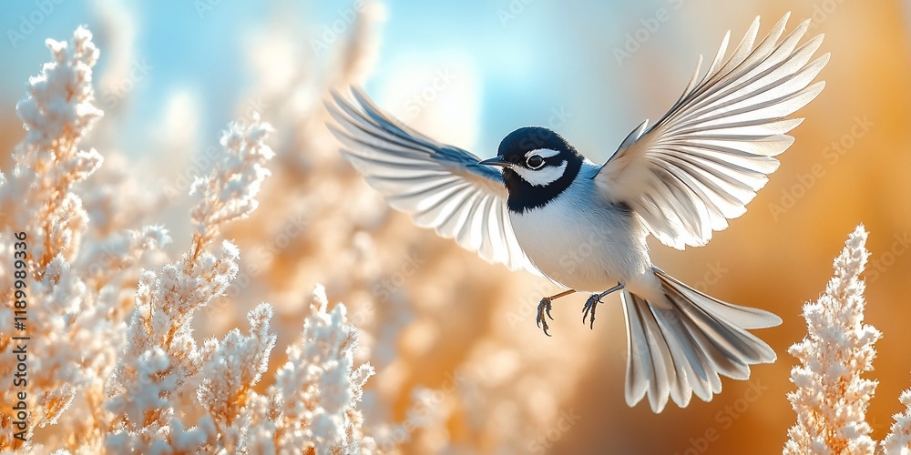 Obraz premium Bird in flight, snowy bush, sunny day, nature scene