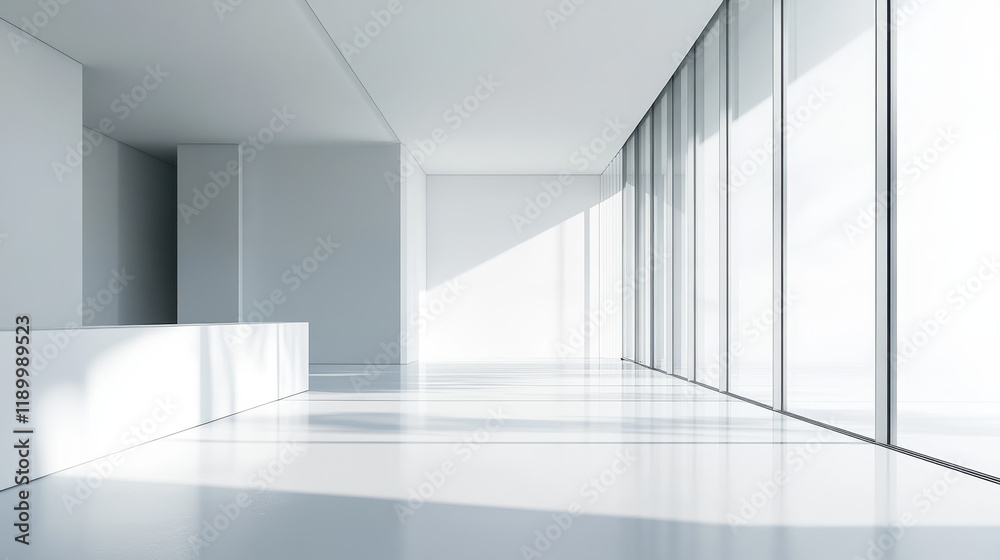Modern interior of an empty white hall with glass walls, light shadows, and reflections on the floor, minimalist design Modern interior of an empty white hall with glass walls, light shadows, and reflections on the floor, minimalist design