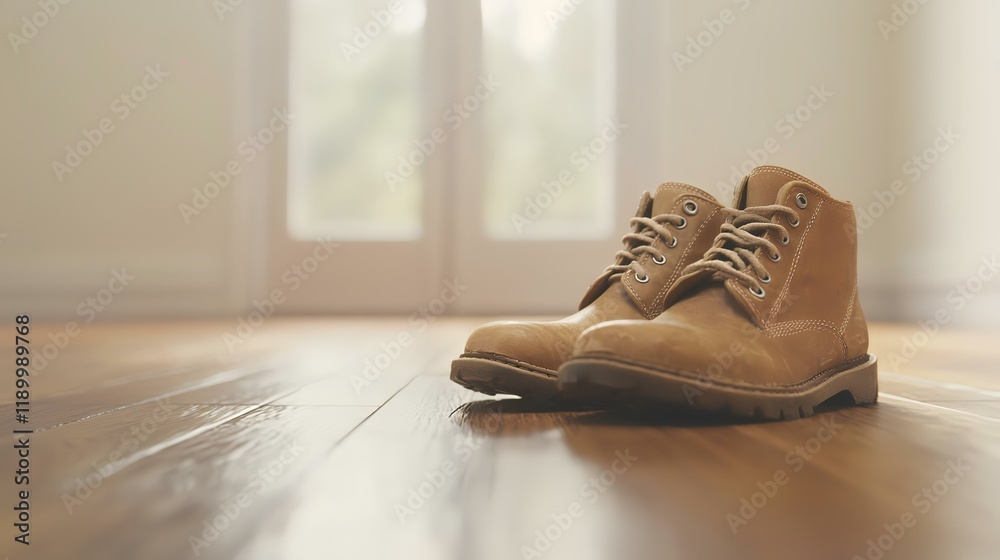 Tan boots on hardwood floor, bright room, window background; home interior design Tan boots on hardwood floor, bright room, window background; home interior design