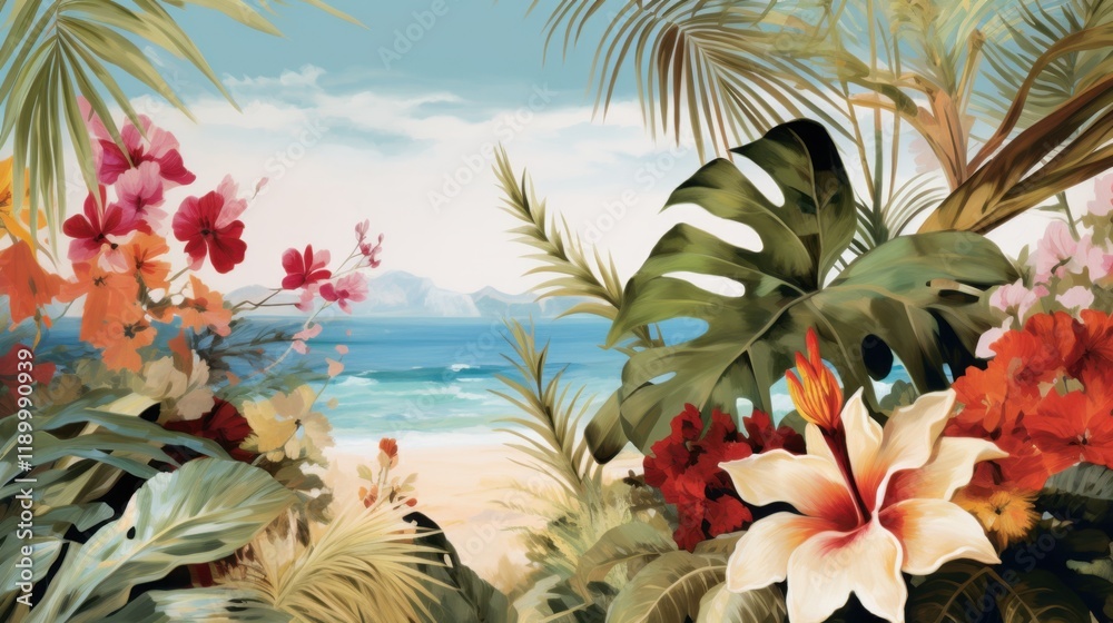 Fototapeta premium Tropical Paradise: Vibrant Hibiscus and Lush Foliage by the Ocean