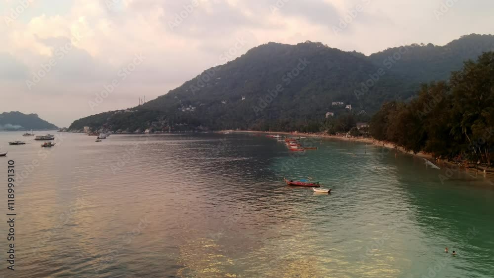 Aerial Forward Scenic Shot Of Motorboats Moving On Ocean Amidst Mountains - Koh Tao, Thailand Aerial Forward Scenic Shot Of Motorboats Moving On Ocean Amidst Mountains - Koh Tao, Thailand