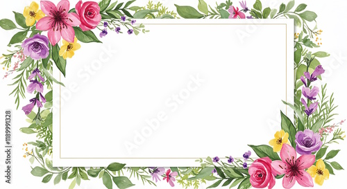 A photo frame with a watercolor floral border, featuring vibrant blooms and lush greenery that blend seamlessly into the background. photo