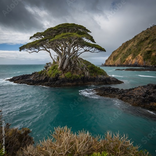 Rugged Cliffs and Cloudy Skies Surrounding a Resilient Penantia baylisiana Tree on the Three Kings Islands photo