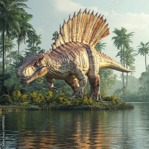 Prehistoric Dinosaur by a Serene Jungle Lake in a Misty Atmosphere photo