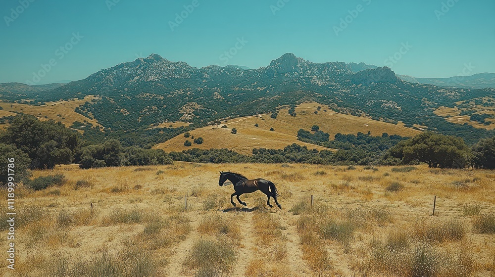 Obraz premium Black horse galloping in a dry, mountainous landscape.