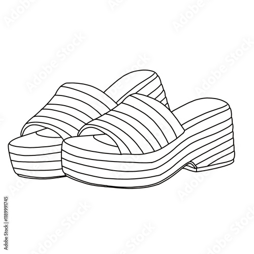 Women's Espadrilles Wedges Slides Sandals Platform Open Toe line art, Technical sketch hand drawing outline vector doodle side isometric view isolated on white background for coloring page
