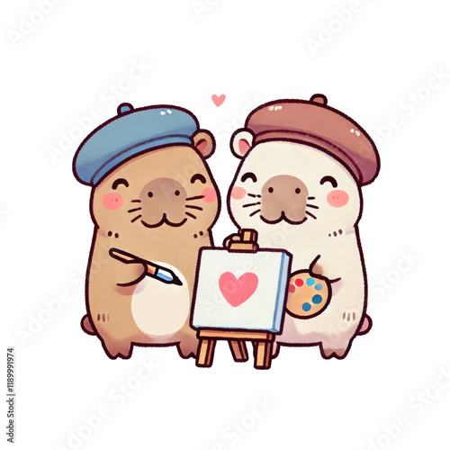 Two adorable otters wearing berets joyfully paint on a canvas, showcasing their creative spirit and friendship with a heart motif. photo