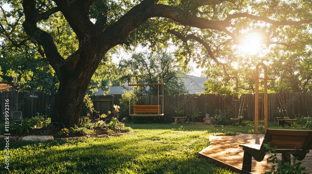 Fototapeta premium Serene Backyard with Swing Under Oak Tree and Warm Sunlight