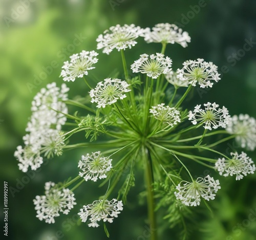 Close-up of white dill peduncle on vibrant green background, close-up, peduncle