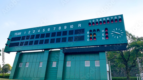 緑が映える野球場のスコアボード