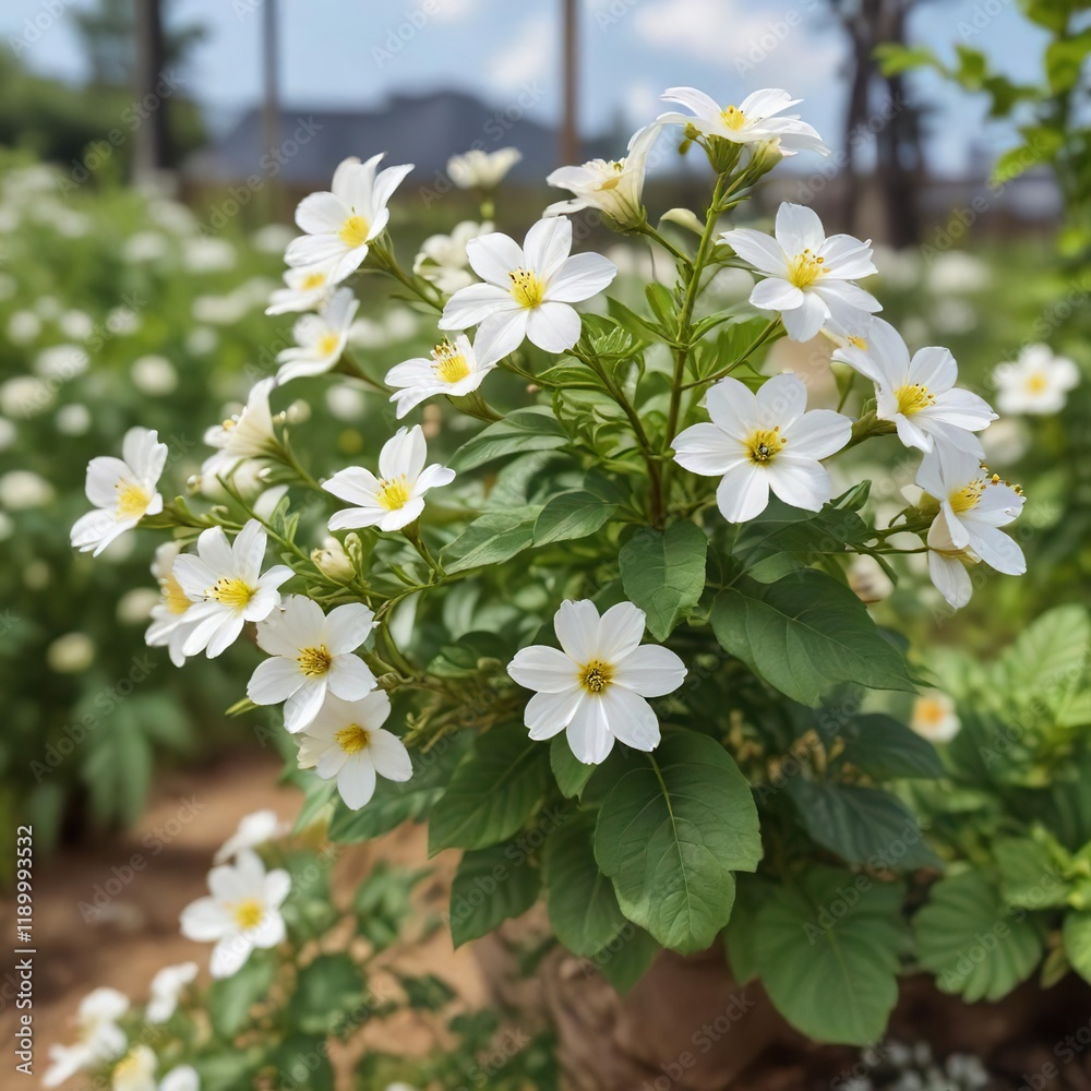Obraz premium Close-up of white flowers on a flowering bush potato plant in an organic garden, potatoes, flowers, garden, agriculture