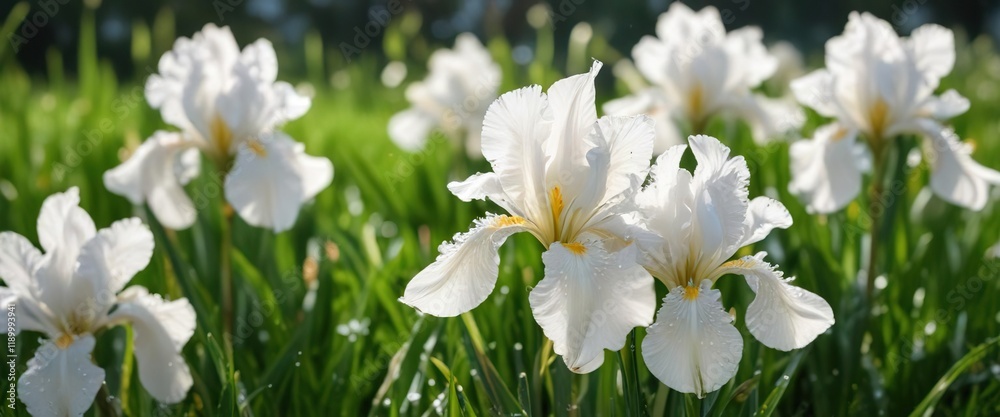 Close-up of white irises with dew drops on delicate petals against vibrant green grass, flora, beauty, nature, botanical Close-up of white irises with dew drops on delicate petals against vibrant green grass, flora, beauty, nature, botanical