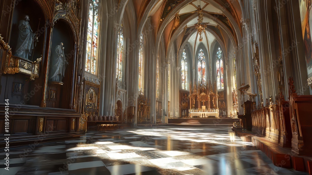 Fototapeta premium Sunlit interior of a grand cathedral