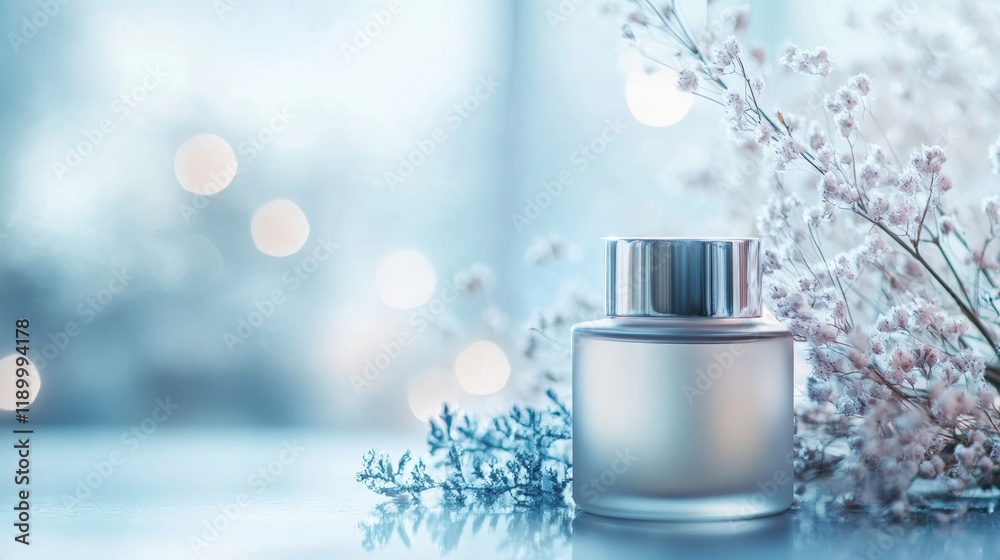 Elegant Fragrance Bottle Surrounded by Delicate Flowers and Bokeh