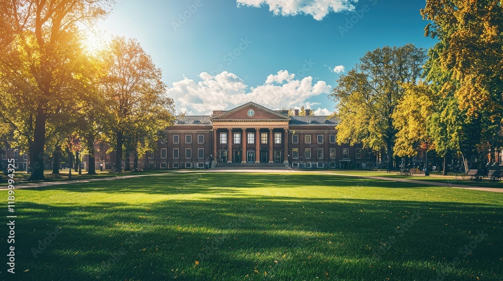 Fototapeta premium Stunning Historic Building Surrounded by Green Parkland and Trees