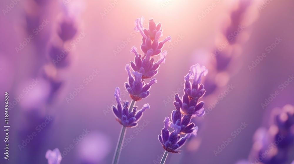 Obraz premium Beautiful Lavender Flowers in Soft Light During Sunset Glow
