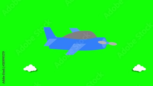 Blue Propeller Plane Animation with Clouds on Green Screen Background