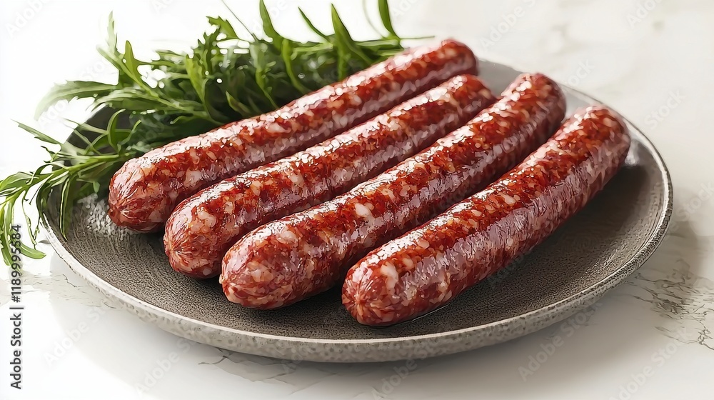 Four delicious sausages on a plate, garnished with fresh herbs. Four delicious sausages on a plate, garnished with fresh herbs.