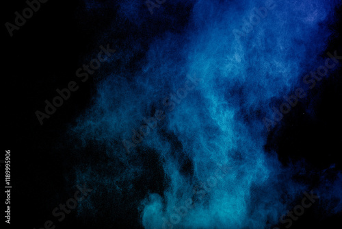 Green Color Powder Explosion Cloud On Black Background. Green Dust Splash On Dark Background.