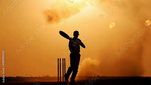 Silhouette of a cricket batsman standing on the pitch during a beautiful sunset, representing focus, determination, and the passion for cricket in a serene outdoor environment.