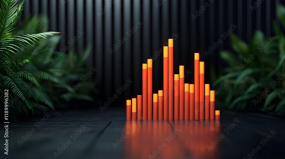 3D Graph Visualization with Orange Bars Surrounded by Green Foliage 3D Graph Visualization with Orange Bars Surrounded by Green Foliage