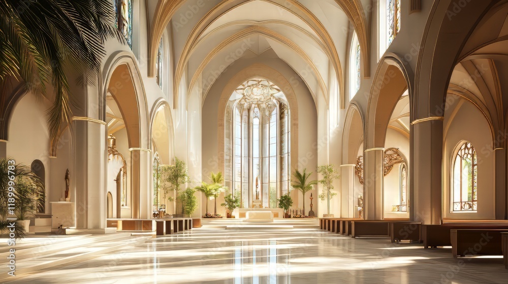 Fototapeta premium Sunlit cathedral interior, serene space