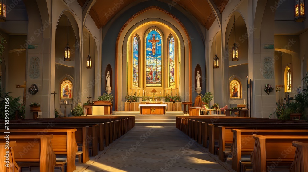 Fototapeta premium Tranquil church interior with stained glass