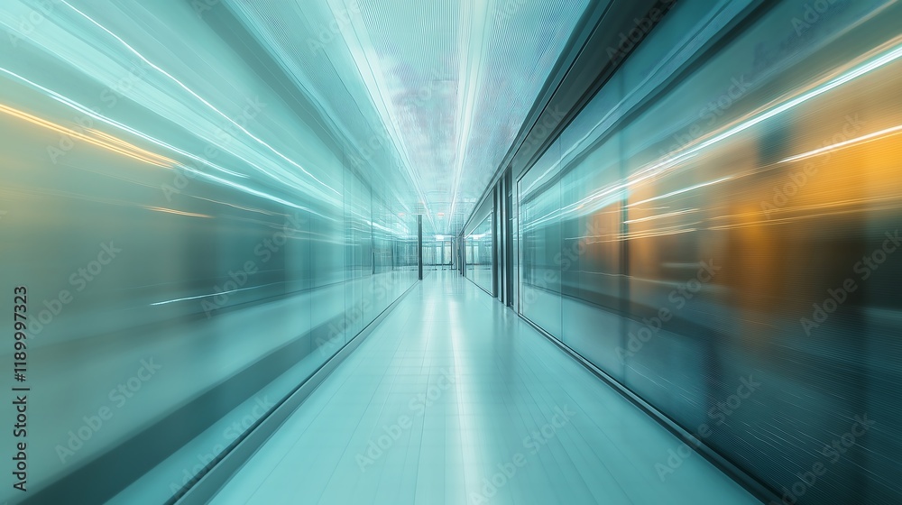 Fototapeta premium Modern Corridor, Teal Glass Walls, Motion Blur, Abstract Art