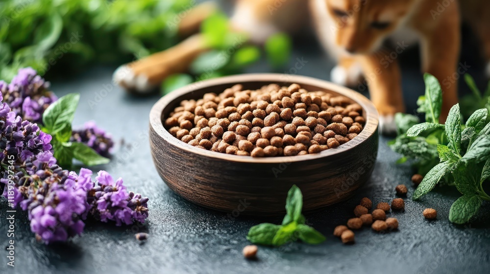 Bowl of cat food with herbs and kitten. Bowl of cat food with herbs and kitten.