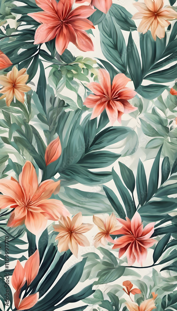 A vibrant floral pattern featuring a variety of colorful flowers and lush green leaves. The design includes shades of red, pink, yellow, and green, creating a lively and tropical feel.
