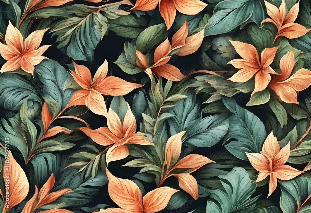 A vibrant floral pattern featuring a variety of colorful flowers and lush green leaves. The design includes shades of red, pink, yellow, and green, creating a lively and tropical feel. A vibrant floral pattern featuring a variety of colorful flowers and lush green leaves. The design includes shades of red, pink, yellow, and green, creating a lively and tropical feel.