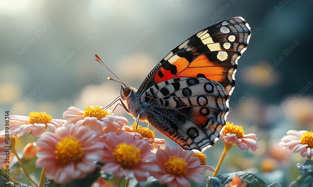 Obraz premium Butterfly on flowers at dawn, garden background, nature scene, print