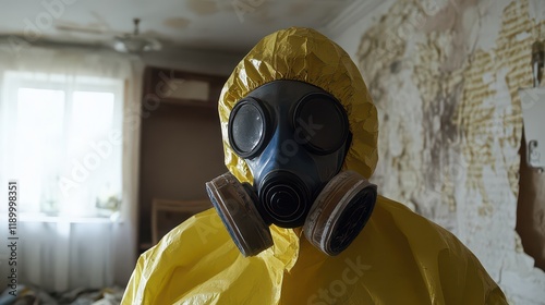 Worker in Protective Gear Cleaning Toxic Industrial Waste in Hazardous Conditions, Wearing Gas Mask and Hazmat Suit for Safety During Cleanup Process