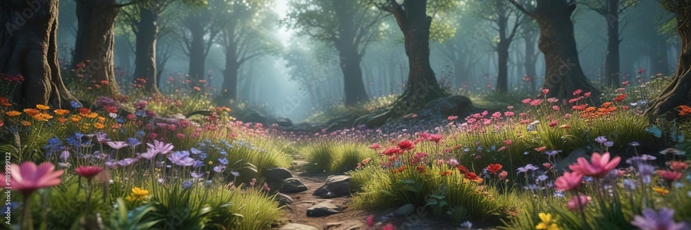Colorful flowers blooming in a mystical woodland glade, enchanting, blossoms, foliage, picturesque Colorful flowers blooming in a mystical woodland glade, enchanting, blossoms, foliage, picturesque