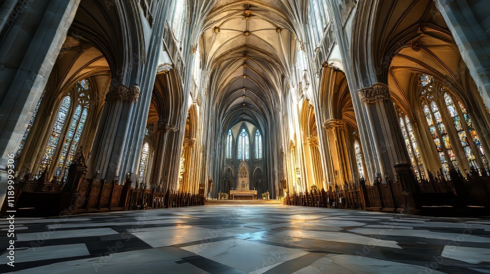 Fototapeta premium Grand cathedral interior, sunlight streams in.