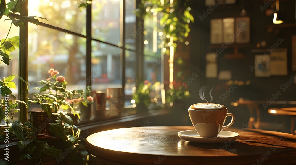 A steaming latte sits on a table by a window