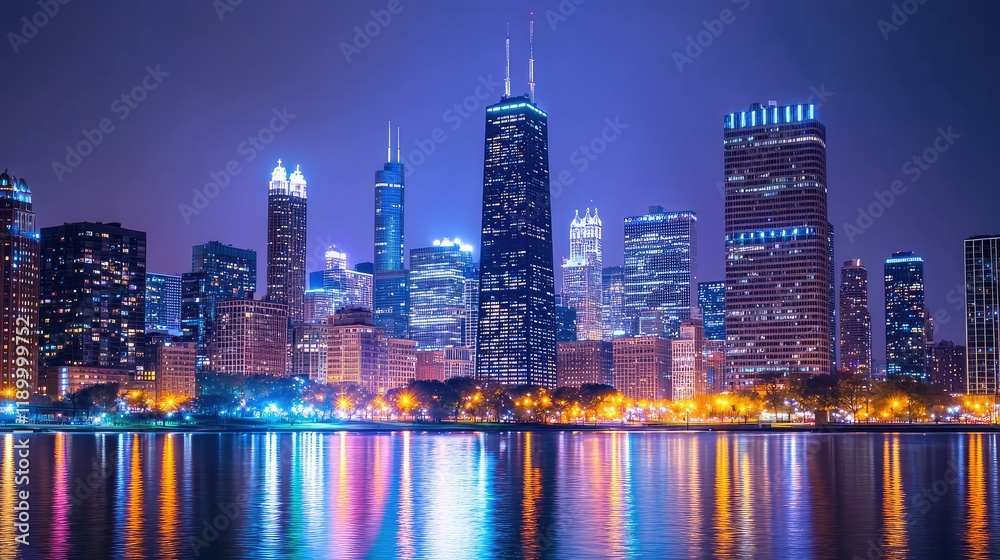 Fototapeta premium Stunning City Skyline At Night With Reflective Water Surface