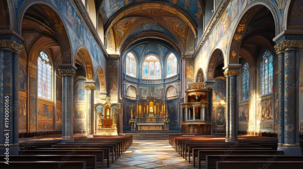 Fototapeta premium Ornate church interior, sunlight streams in
