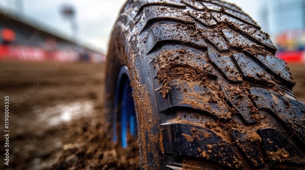 Mud-caked tire, close-up, racetrack, race background Mud-caked tire, close-up, racetrack, race background