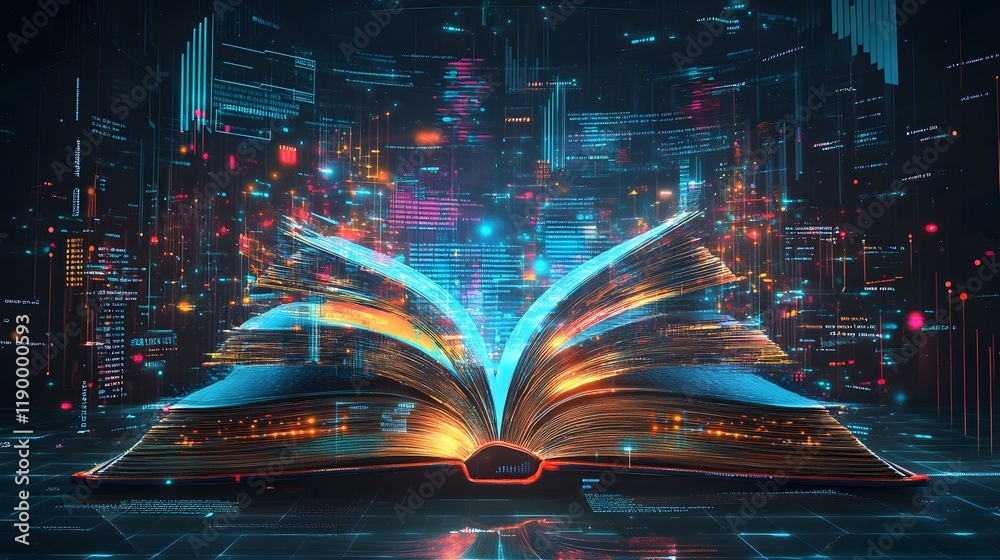 Fototapeta premium A dynamic, futuristic book surrounded by glowing data streams and vibrant colors.