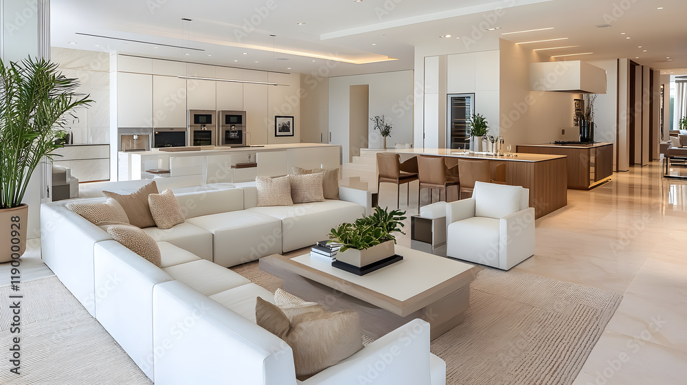 Fototapeta premium A luxurious open-plan living room and white kitchen interior design.