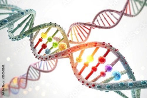 A colorful, 3D rendering of a DNA double helix, showcasing the intricate structure and vibrant nucleotides.