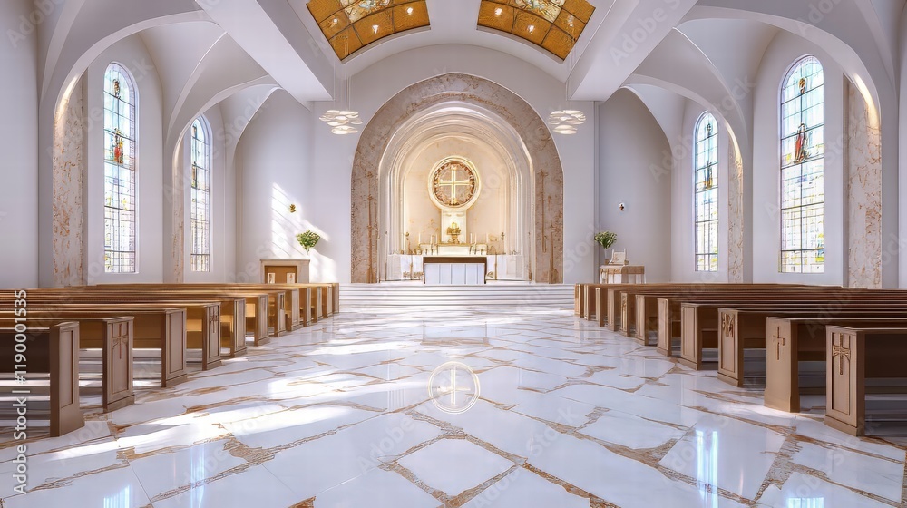 Fototapeta premium Serene church interior, sunlight streams in