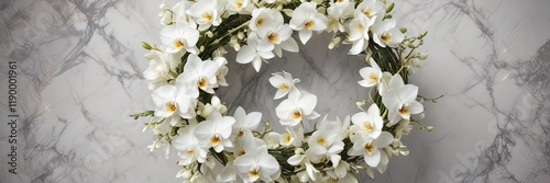 Delicate white orchid wreath on marble background, chic, refined, event , prestigious