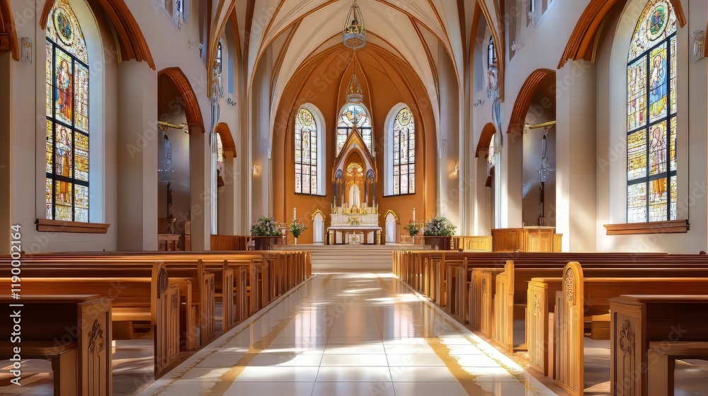 Fototapeta premium Tranquil church interior, sunlight streams in.