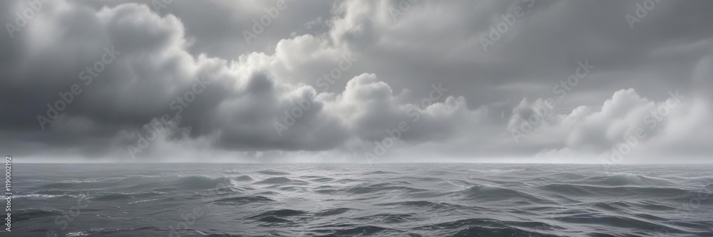 Dense fog bank with gray mist swirling around a still ocean, serene, atmospheric Dense fog bank with gray mist swirling around a still ocean, serene, atmospheric