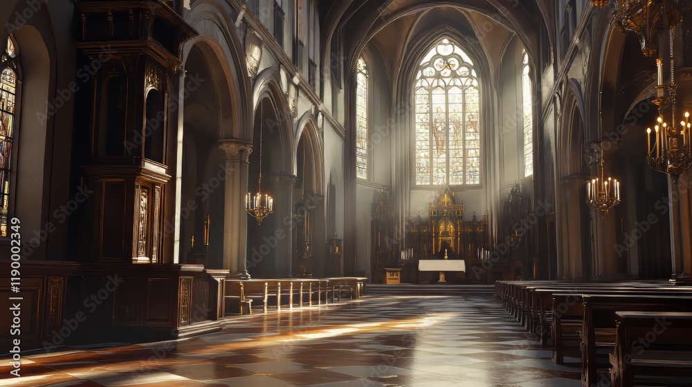 Fototapeta premium Sunlit interior of a grand church